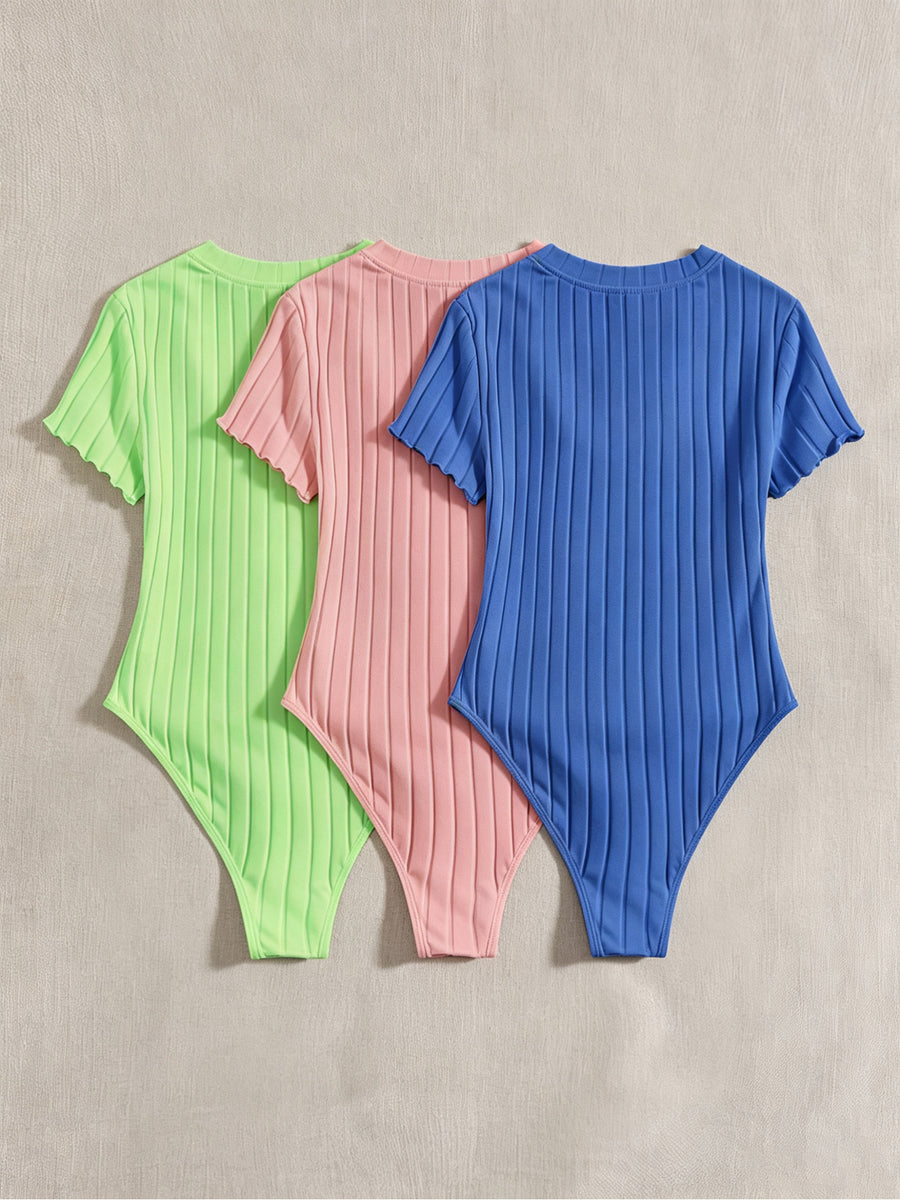 3pcs Women'S V-Neck Elegant High-Stretch Comfortable Ribbed Solid-Color Bodysuits - Blue + Light Pink + Yellow-Green
