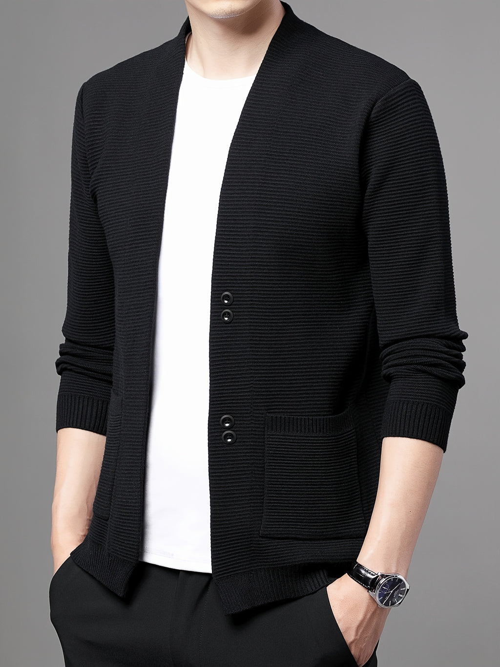 [Wading Whale OBM] Spring/Summer New Men'S Knit Cardigan, Old Money Style Solid Color V-Neck Long Sleeve Open Front Sweater Jacket with Single Button Closure And Side Pockets, Suitable for Spring And Autumn Layering Or Outerwear - Black