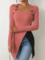 Women's Fashion Ribbed Square Neck Contrast Color Irregular Button Long Sleeve T-Shirt - Red