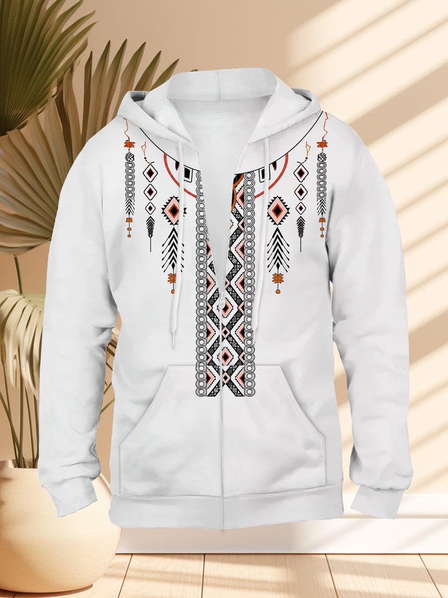 Men'S Ethnic Style Geometric Pattern Hooded Zip-Up Sweatshirt Fashion Trendy Autumn Winter New Casual Versatile Top - Mixed colors