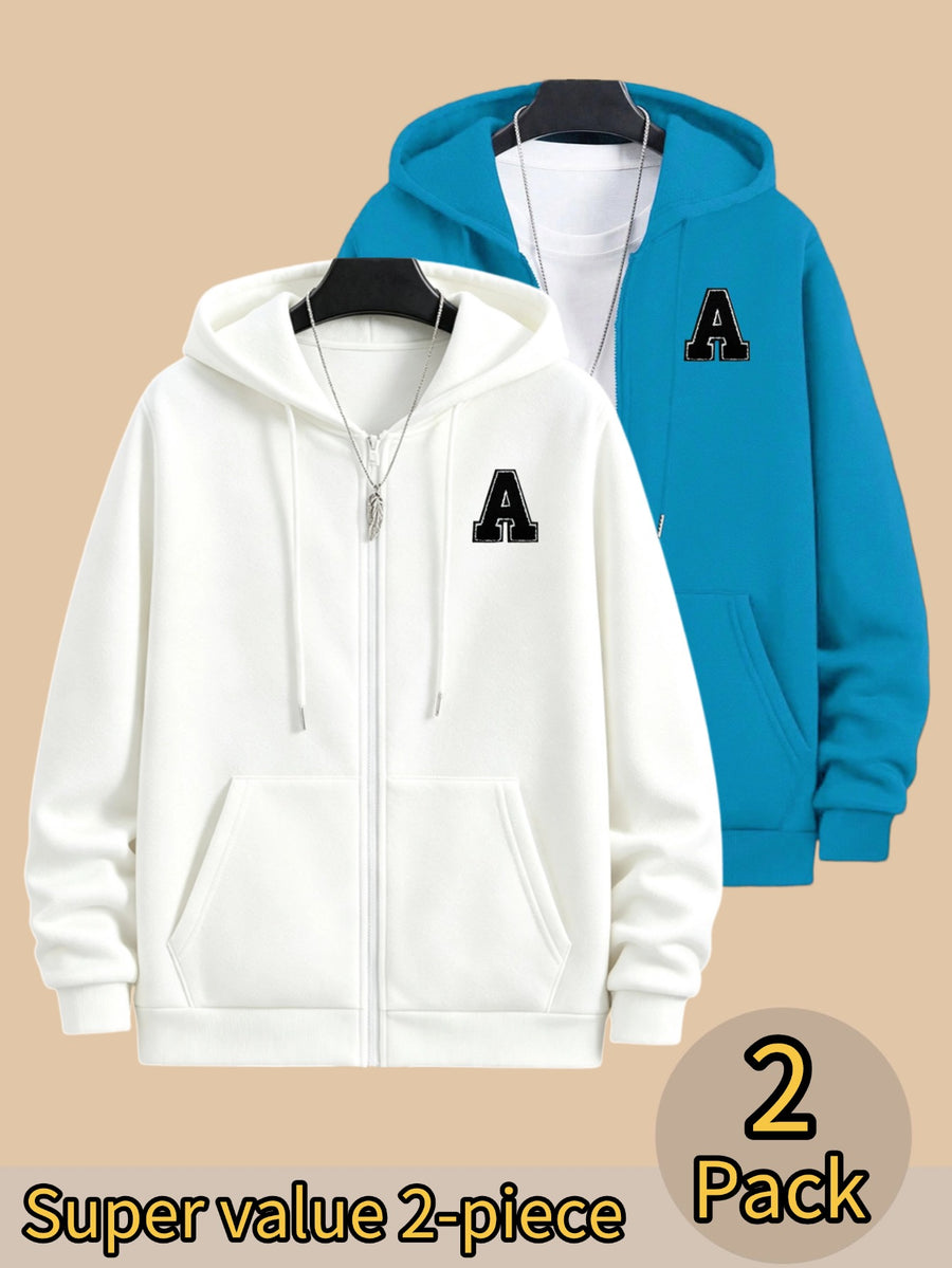 50% Cotton, 50% Polyester, 2-Pack Men's Zippered Hooded Fleece-Lined Sweatshirt, Men's Clothing, Long-Sleeve Fleece Jacket, Zippered Top, Hooded Sweatshirt, Pockets, Drawstring, Suitable for Outings, Casual Wear, Back-to-School Season - White+Cyan