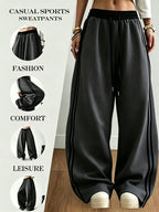 Street-style Color-block Striped Elastic Waistband Sweatpants, Loose-fitting, Figure-flattering, Drapey, and Relaxed-style Wide-leg Casual Trousers - Dark Gray