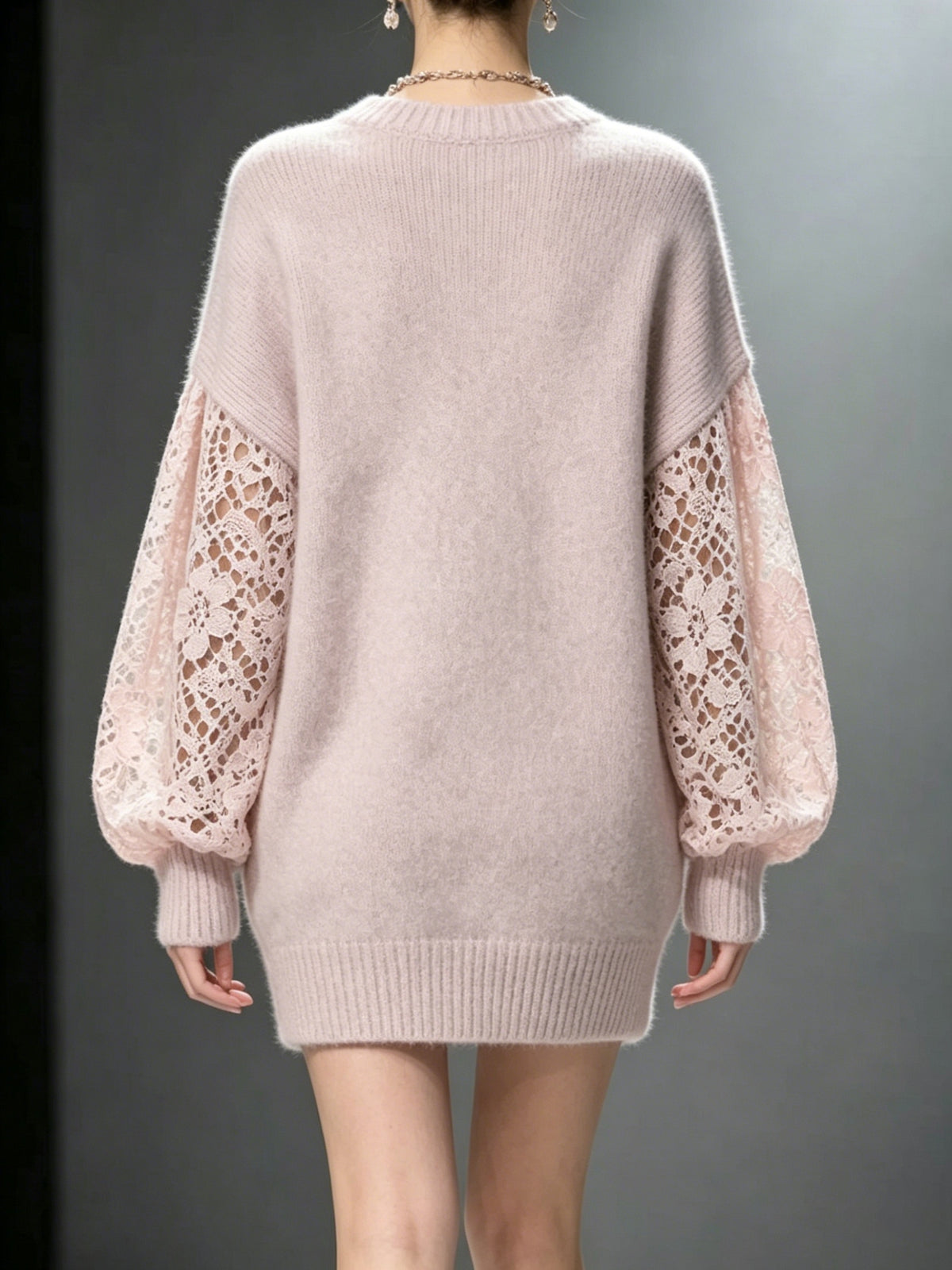 Women' Lace Patchwork Sweater Dress - Soft Hollow-Out Midi Dress with Round Neck & Lantern Sleeves, Bodycon Suitable for Fall/Winter Dates, -Compatible for Body Types (No Chest Padding, Beltless) - Light Purple