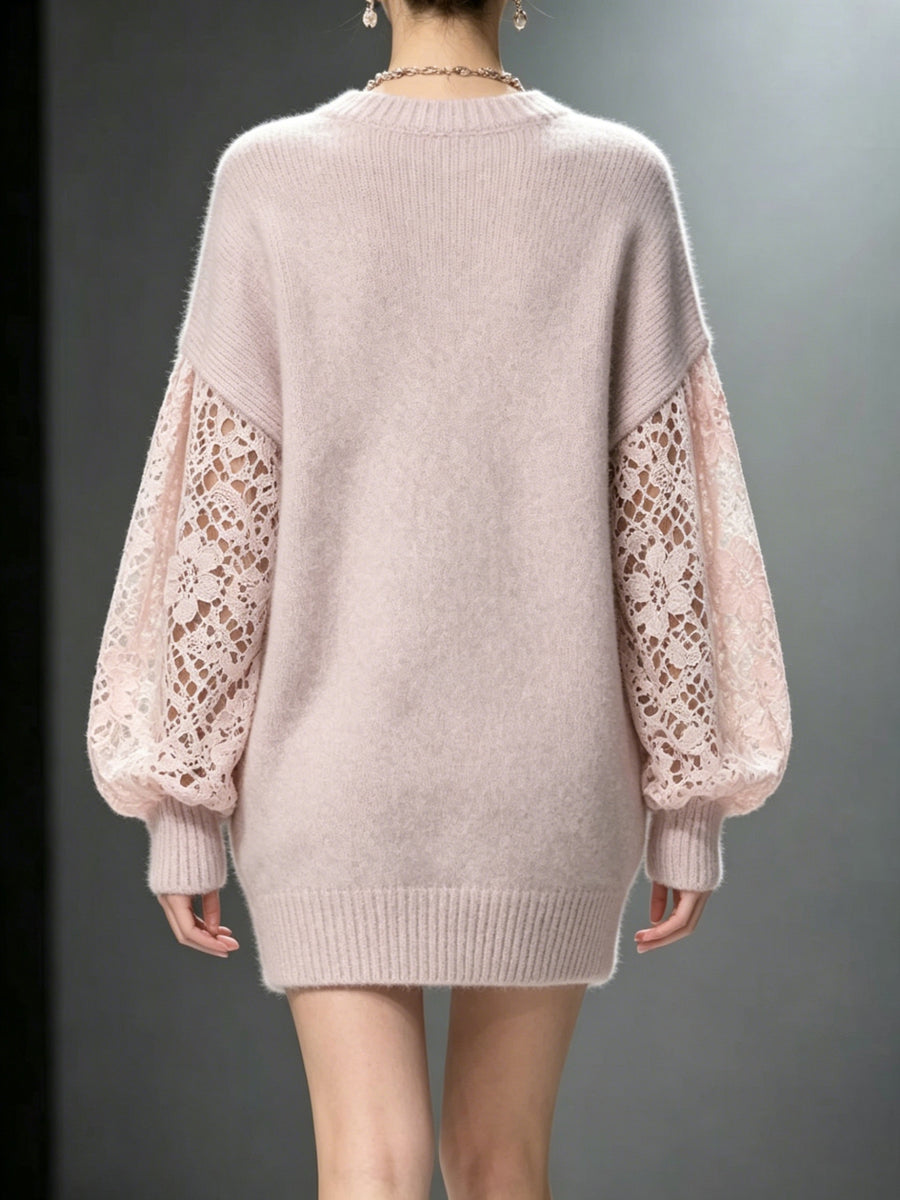 Women' Lace Patchwork Sweater Dress - Soft Hollow-Out Midi Dress with Round Neck & Lantern Sleeves, Bodycon Suitable for Fall/Winter Dates, -Compatible for Body Types (No Chest Padding, Beltless) - Light Purple