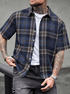 Men'S Plaid Flannel Front-Button Casual Short-Sleeve Shirt, Suitable for Dating Or As a Gift for Husband, Plaid Pattern, Suitable for Spring, Summer, Regular Fit, Button Design - Navy Color