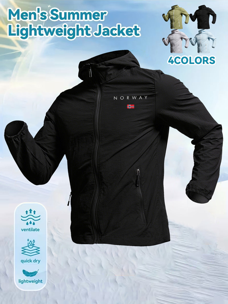 Men's Weiguo Flag Print Lightweight Summer Skin Undershirt, Breathable Lightweight Hooded Jacket, Available in Four Colors, Suitable for Hiking, Running, Traveling, Fishing, Cycling, and Other Scenarios - Black