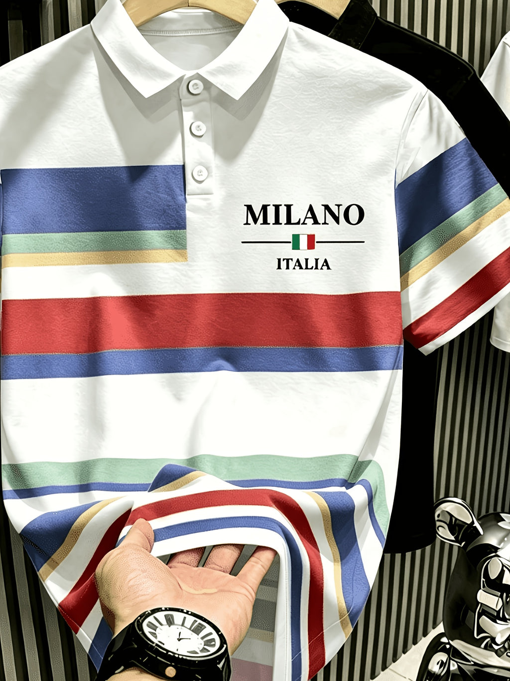 Men'S Multicolor Horizontal Stripes Polo Shirt, MILANOITALIA Men'S Top POLO Shirt, Casual Summer Golf Daily Wear Top, Suitable for Outings, Travel, Outdoor Wear - White