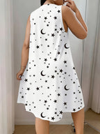 Women'S Plus Size Sleeveless Vest Dress with Star And Moon All-Over Print, Spring Summer Style, Very Comfortable Home Wear - White