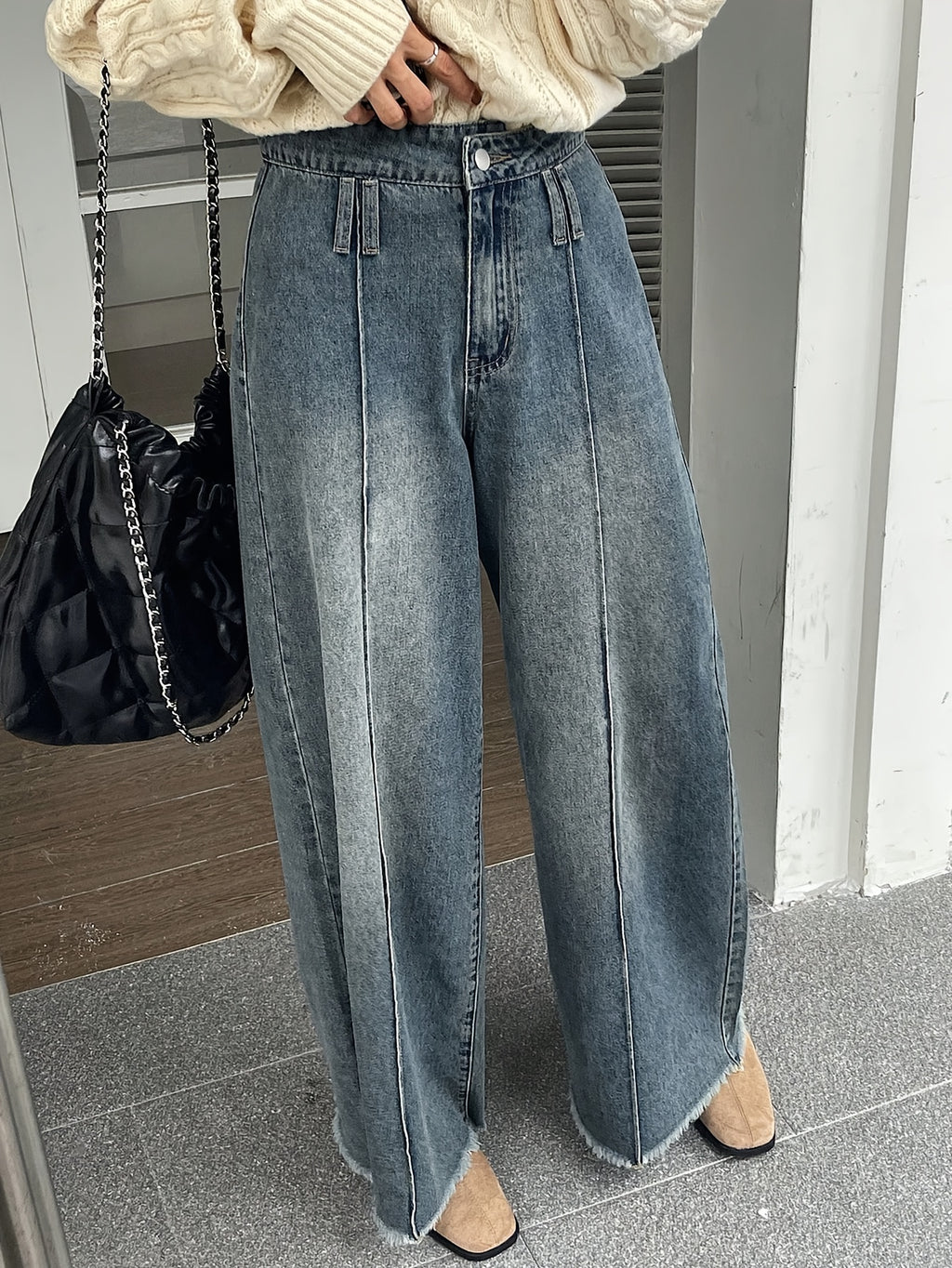 Women'S High Waist Wide Leg Loose Raw Hem Snowflake Jeans Elastic Seam - Bright Steel Blue