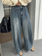 Women'S High Waist Wide Leg Loose Raw Hem Snowflake Jeans Elastic Seam - Bright Steel Blue