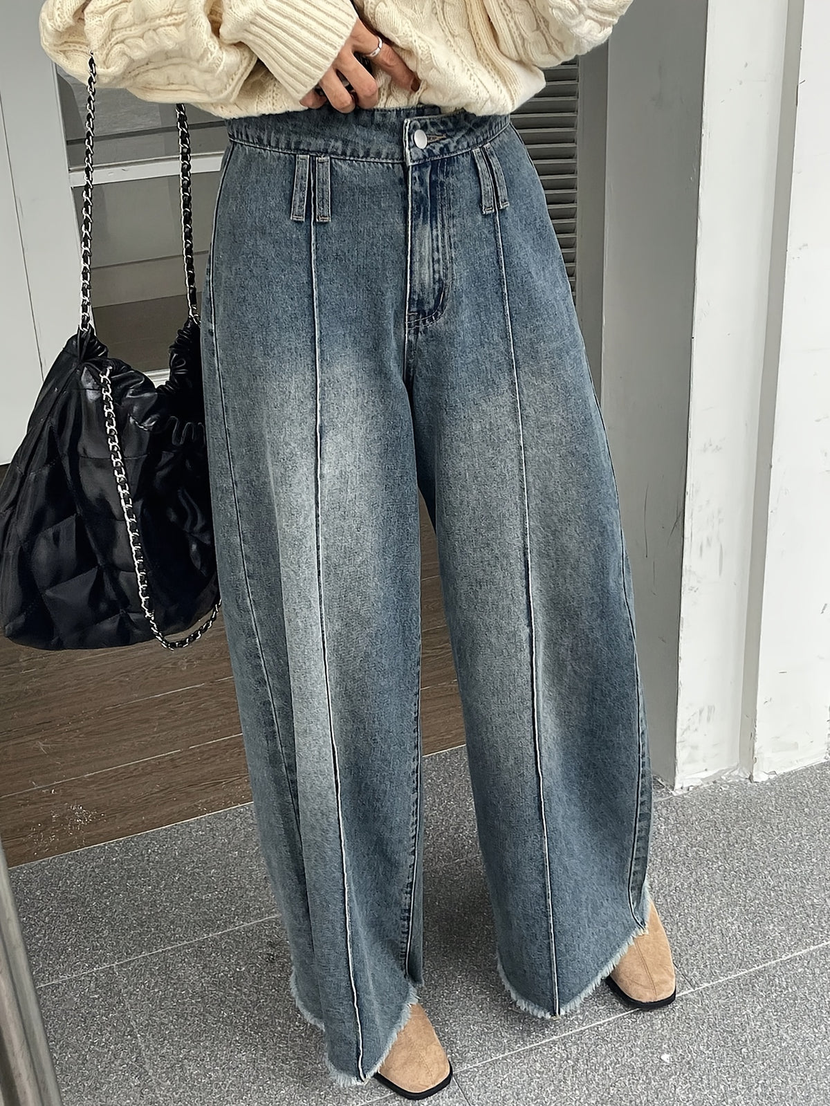 Women'S High Waist Wide Leg Loose Raw Hem Snowflake Jeans Elastic Seam - Bright Steel Blue