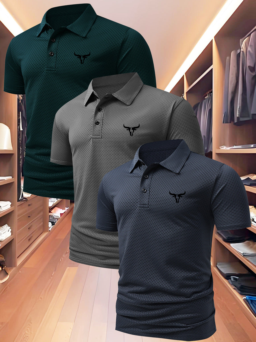 3pcs Value Pc, Summer Short-sleeve Polo Shirt! New Jacquard Fabric, Quick-drying, Lightweight and Breathable, Easy to Wash and Dry Quickly. Men's Color-blocked Cool and Comfortable Polo Shirt with Lapel, for Sports and Casual Wear. Men's Short-sleeve - Green-gray-blue
