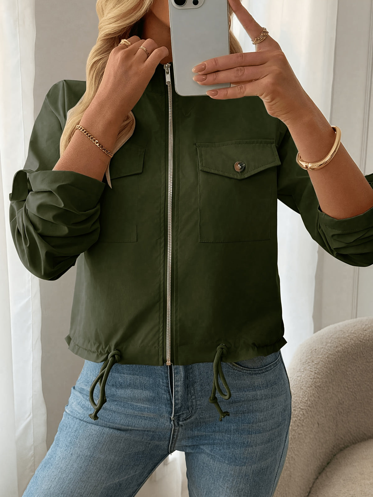 Women'S Lightweight Stand-Collar Jacket – Fashionable Zippered Bomber with Decorative Front Pockets And Adjustable Drawstring Hem, Ideal Casual Street Style Outerwear for Spring And Autumn - Olive Green