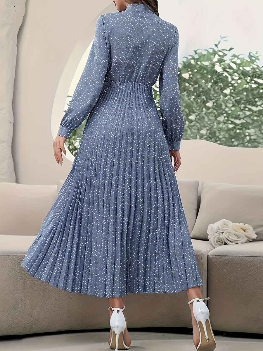 Autumn And Winter New Women'S Long-Sleeved Pleated Dress Full Polka Dot Fashion Elegant Print Collar with Collar (No Belt) Women'S Clothing - Blue
