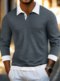 Men's Autumn Color-Block Lapel Long-Sleeve Polo Shirt with Contrasting White Collar. The Slim-fit, Clean-cut Design Flatters the Figure Without Being Tight or Bulky. Featuring a Simple, Light-luxury Business-casual Style, It's Effortlessly Versatile - Dark Gray