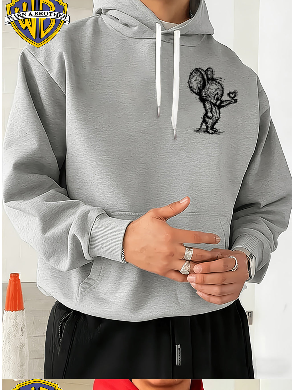 Official Warner Bros., Trendy Cool American Street Style Classic Character Theme Print Hoodie, American Street Style Unisex Long Sleeve Top, Suitable for Daily And Outdoor Activities, Ideal Warm Outerwear Choice for Autumn And Winter! - Light Grey