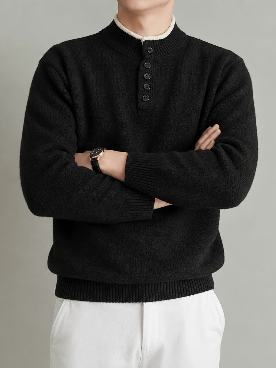 Du Jing Lan OBM Spring/Autumn New Arrival Men's Knit Pullover, Old Money Style Contrast Color Striped Half-Open Placket Stand Collar Knit Pullover, Men's Business Casual Fashion Knit Pullover, Suitable for Layering or Wearing as an Inner Layer - Black