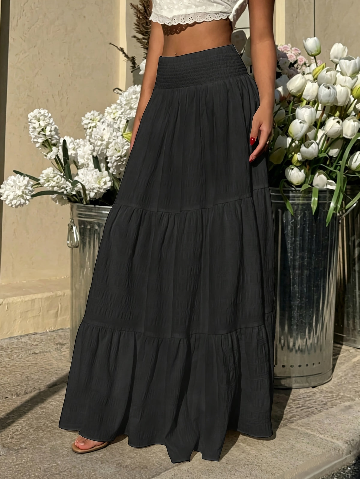 Women'S Spring Autumn Pleated Texture Half Skirt, Elastic Shirring Layered Solid Color Skirt - Black