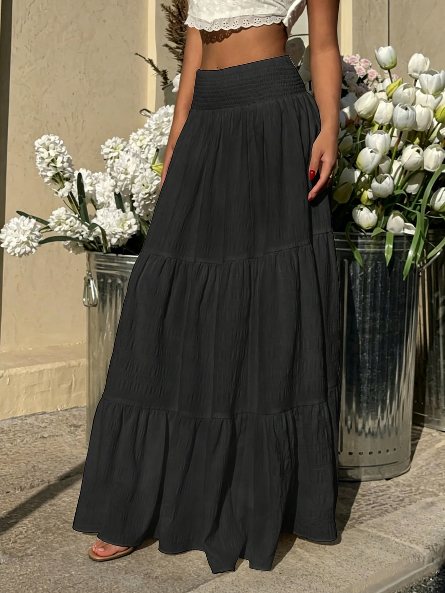 Women'S Spring Autumn Pleated Texture Half Skirt, Elastic Shirring Layered Solid Color Skirt - Black