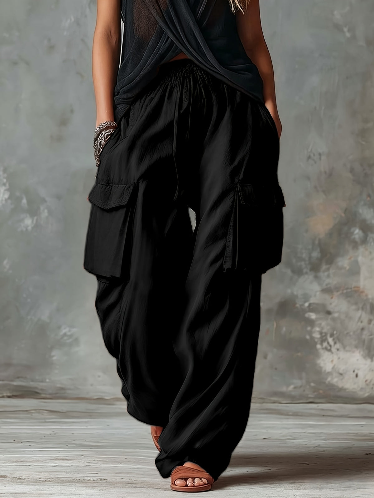 Women'S Elegant Casual Outdoor Pocket Cargo Pants - Black