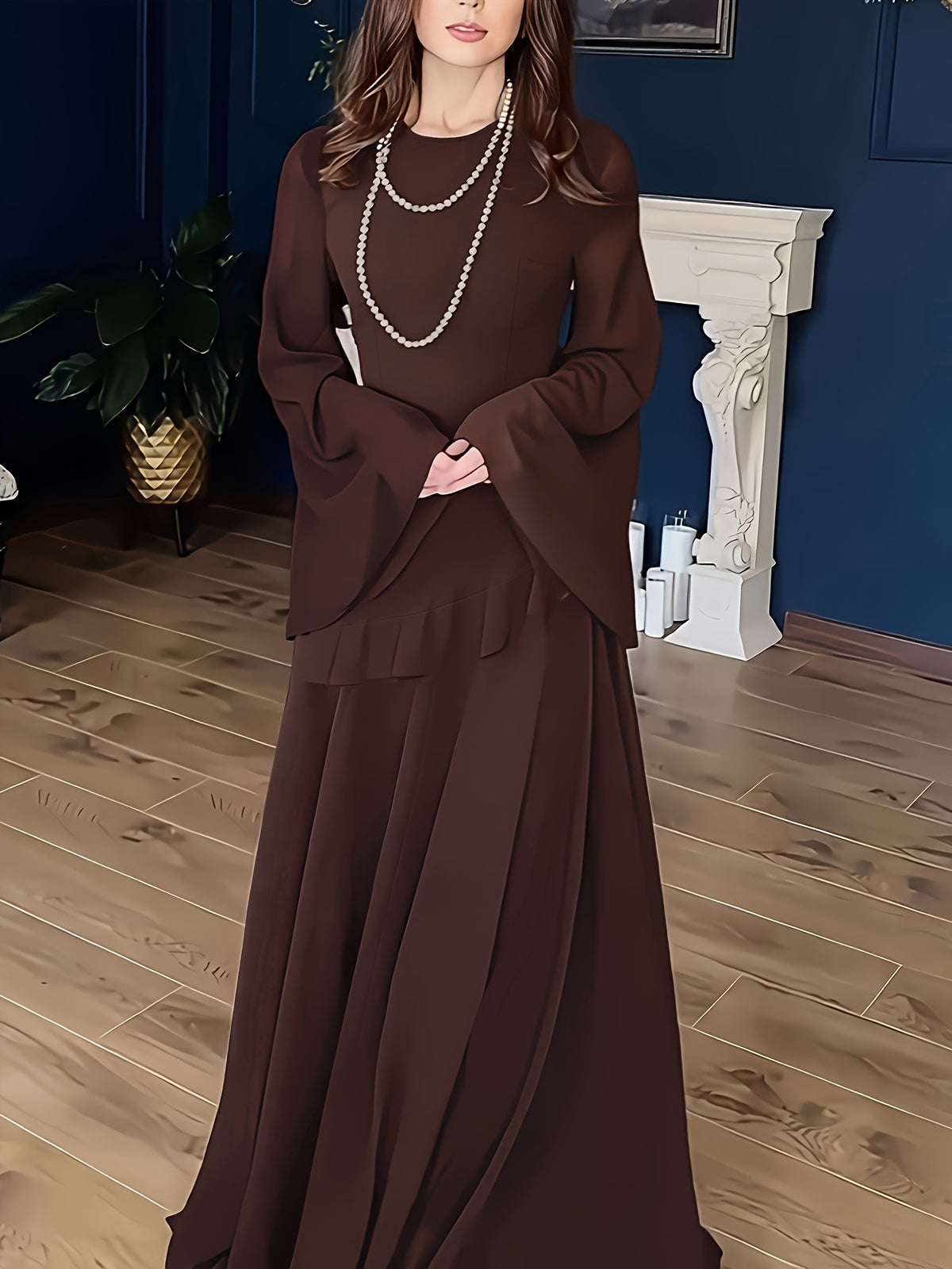 [Ramadan] Spring Summer Autumn New Soft Elegant Ruffled Temperament Trumpet Long Sleeve Dress [LL168] - Dark Brown