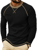 Cross-Border New Men'S Long Sleeve Round Neck T-Shirt, Outwardly Oriented Western Men'S Clothing Color-Blocked Top Base Layer - Black
