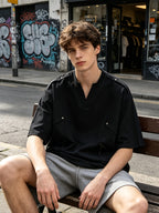 [Kuzan Yuki OBM] Men'S Summer New V-Neck Cargo Casual T-Shirt for Travel, Commute, Vacation, Individual, All-Match Fashion Tee - Black
