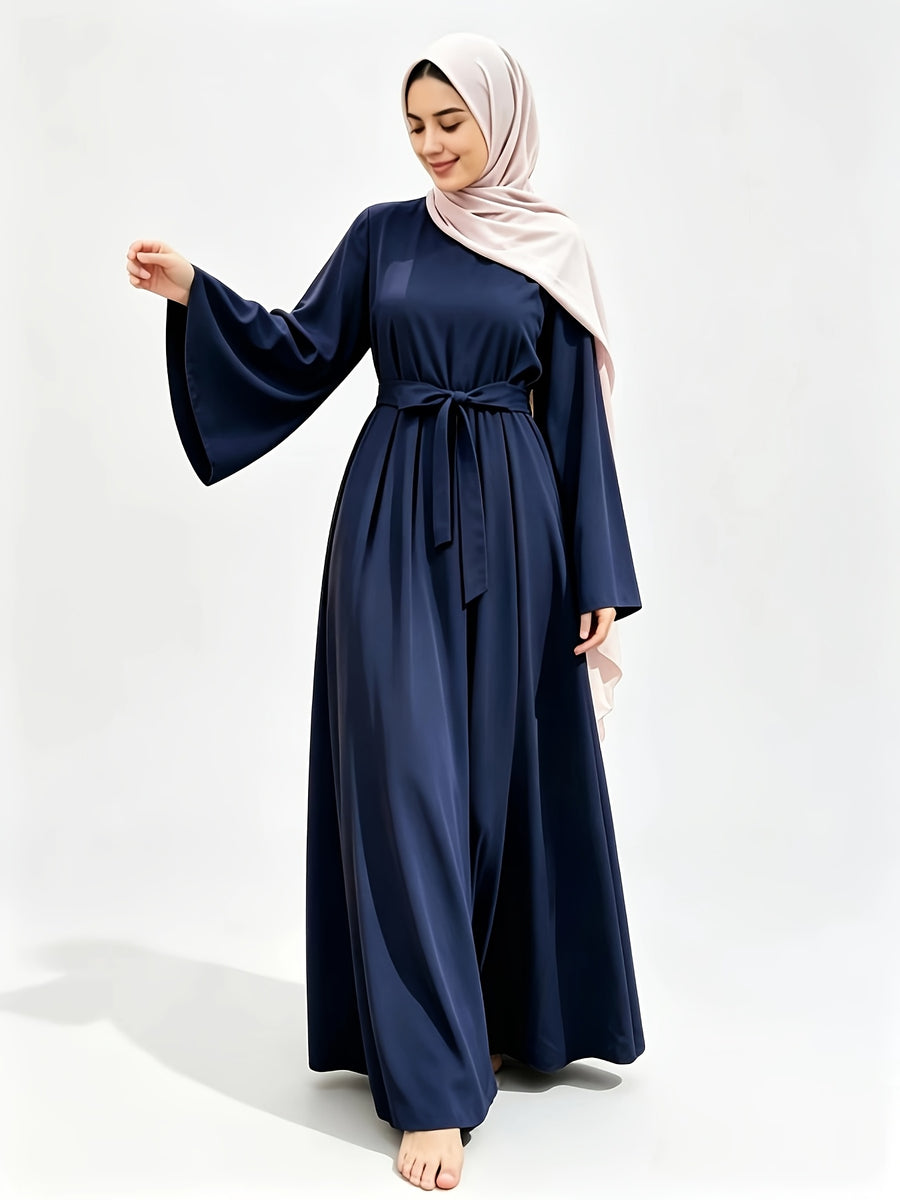 Muslim Elegant Temperament Solid Color Wide Cuff Tie-Up Long Dress - Blue