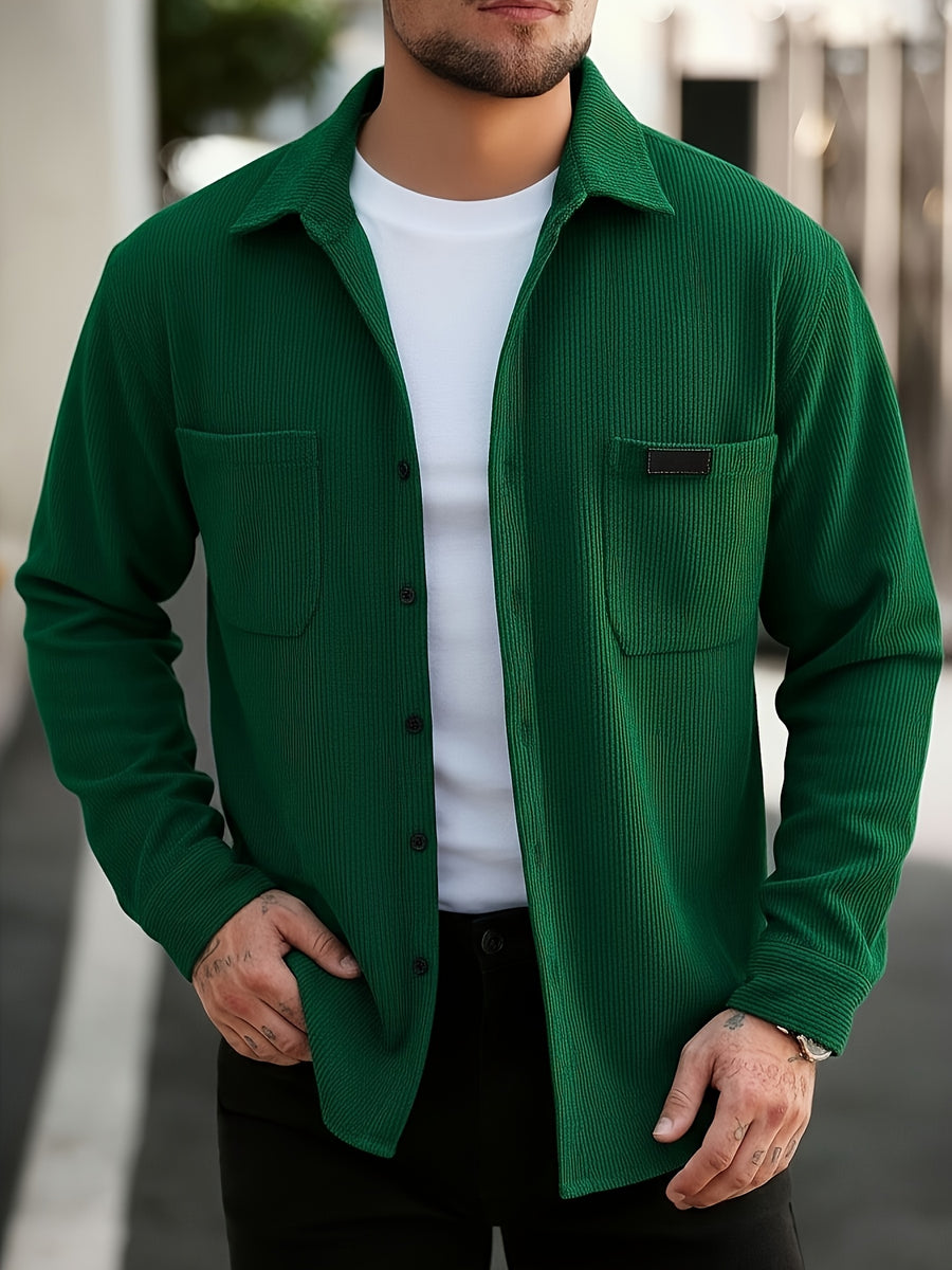 Spring And Autumn Men'S Corduroy Shirt (Jacket) Long Sleeve Lapel Double Pocket Regular Casual Retro Cool Top (Multi-Color) - Dark Green