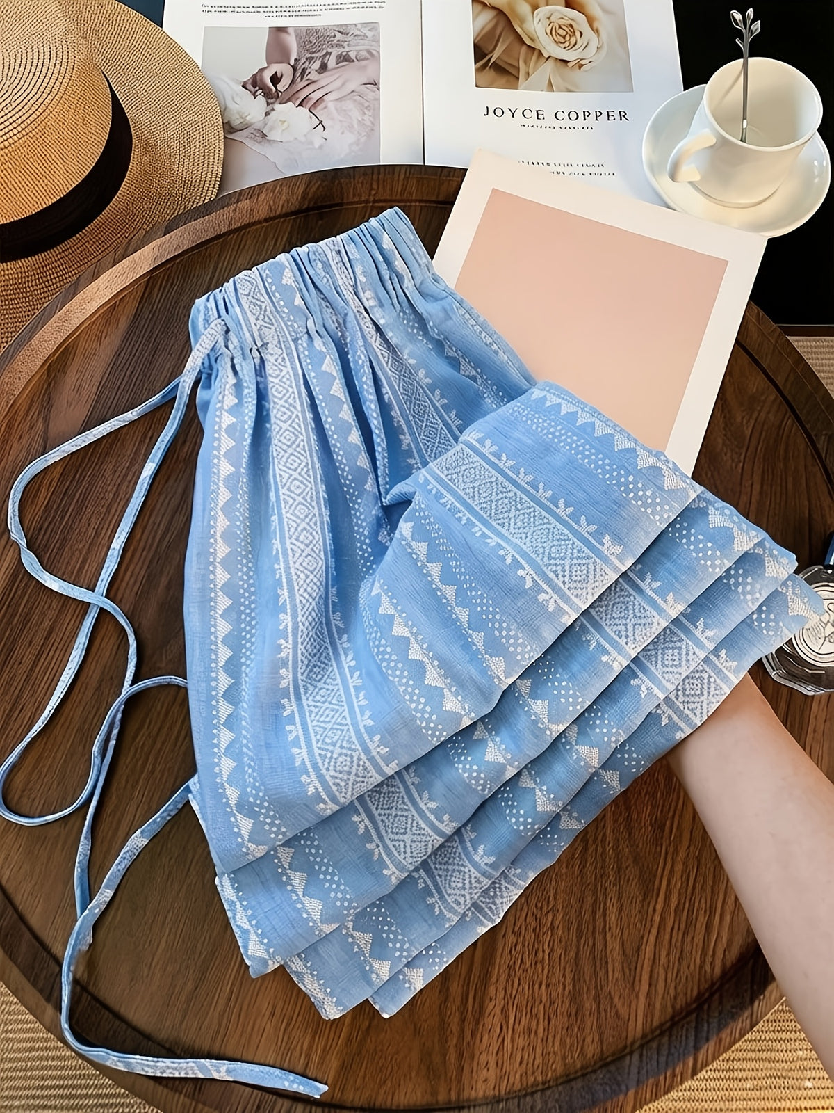 Holiday Ethnic Style Printed High-waisted Loose-fitting Wide-leg Pants - Sky Blue