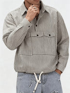 Men'S Casual Shirt Spring Summer Autumn Puff Sleeve Lapel Long Sleeve Striped Shirt, Suitable for Daily Outdoor Commute, Street Style, Fashionable And Versatile Casual Long Sleeve Shirt Top - Striped Shirt