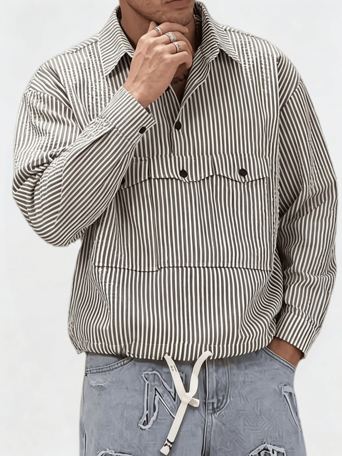 Men'S Casual Shirt Spring Summer Autumn Puff Sleeve Lapel Long Sleeve Striped Shirt, Suitable for Daily Outdoor Commute, Street Style, Fashionable And Versatile Casual Long Sleeve Shirt Top - Striped Shirt