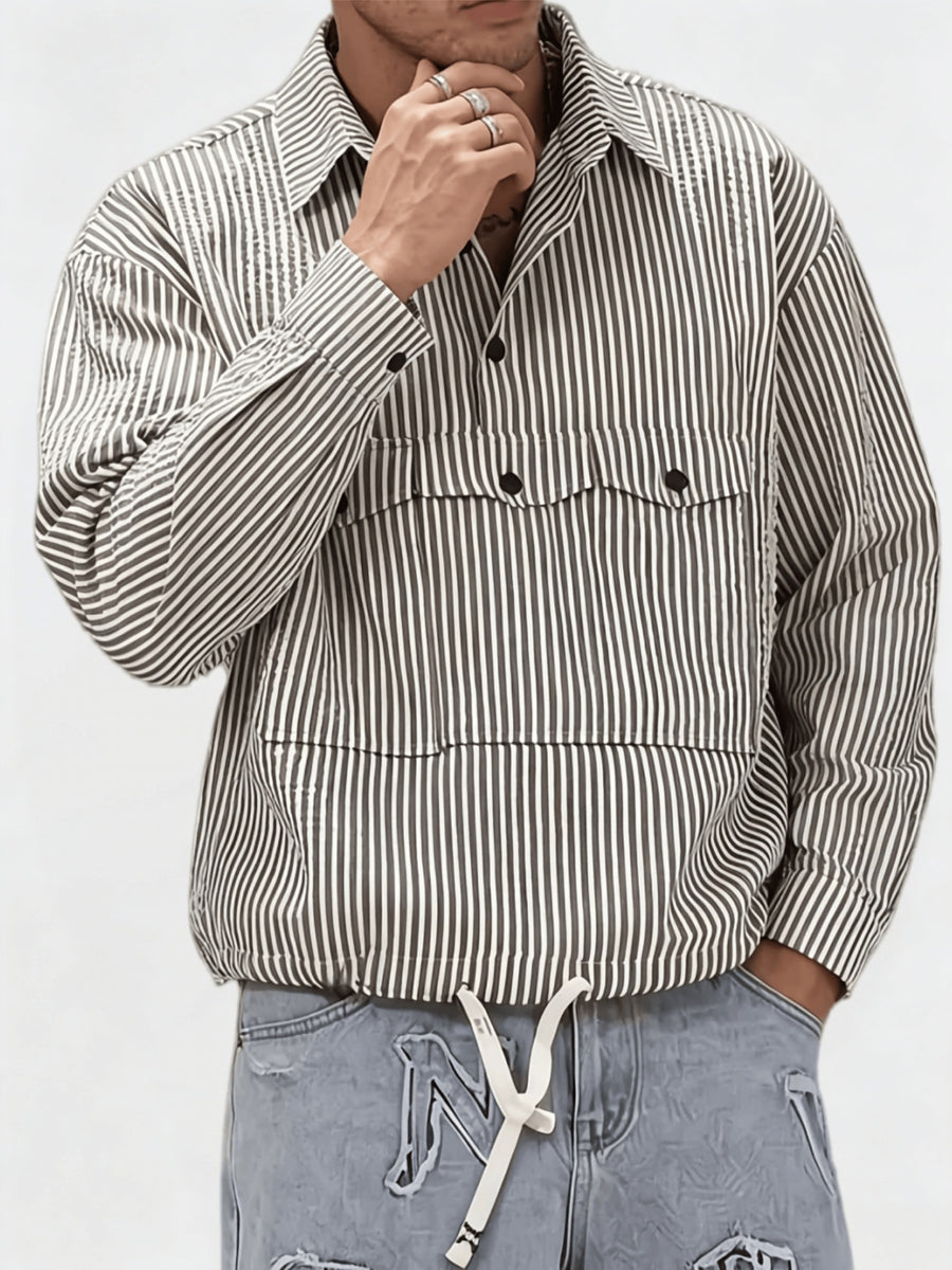 Men'S Casual Shirt Spring Summer Autumn Puff Sleeve Lapel Long Sleeve Striped Shirt, Suitable for Daily Outdoor Commute, Street Style, Fashionable And Versatile Casual Long Sleeve Shirt Top - Striped Shirt