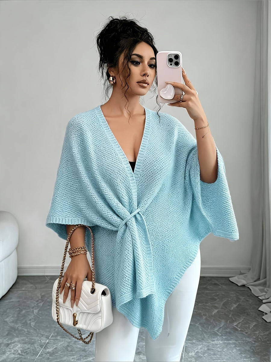 Autumn Winter New Loose Cape Cross-Body Tie Shawl Cardigan Women'S Outdoor Outerwear ASD1 - Sky Blue