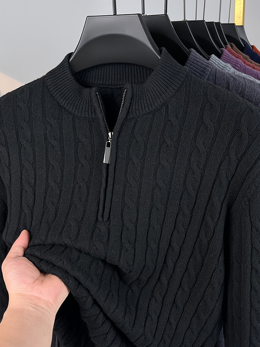 Men'S Half-Zip Jacquard Knit Sweater, Retro Luxury, Breaking The Monotony of Middle-Aged Sweaters, Suitable for Business Casual - SINBOS - Black