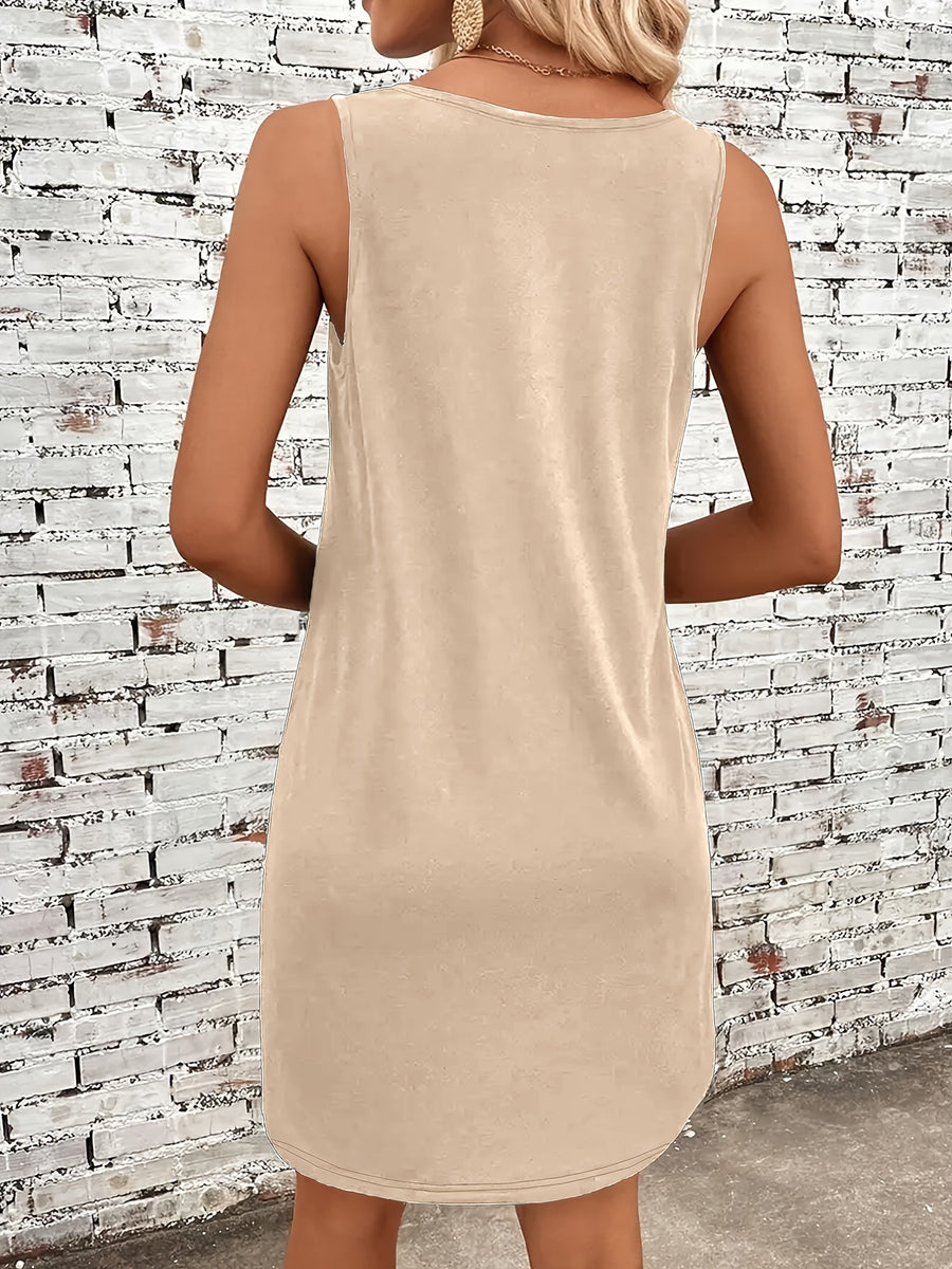 Women's Dress Solid Color Sleeveless Tank Dress, Comfort Style, for Shopping and Dating, Fashion Enthusiasts, Loose Fit - Khaki