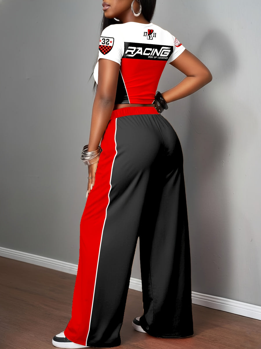 Y2K Spicy Style Vintage Racing Suit Print Spring Summer Two-Piece Set Short Round Neck Crop Top And Wide Leg Pants Outfit Street Sexy Trendy Wear Campus Style Short Party Wide Leg Trousers Set Marathon Street Style Urban Fashion Set - Red