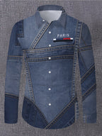 Men'S Premium Choice [Printed Design – Not Textured] Men'S Essential Long Sleeve Shirt Men'S Long Sleeve Faux Denim Shirt Trendy Individual Patchwork Design Fashion Lapel Casual Versatile Top [Non-Faux Denim Fabric] Perfect Gift for Men - Mixed colors