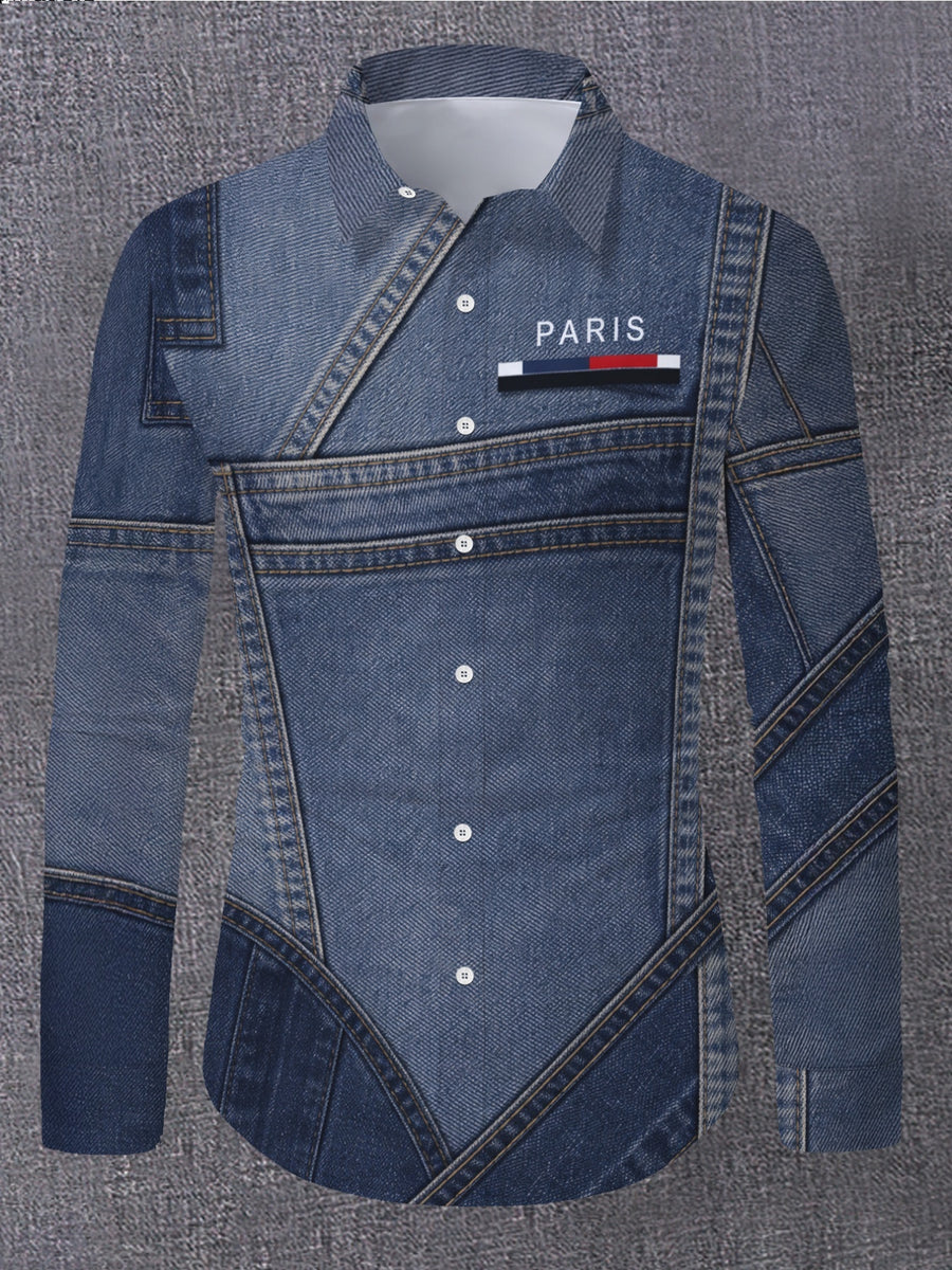 Men'S Premium Choice [Printed Design – Not Textured] Men'S Essential Long Sleeve Shirt Men'S Long Sleeve Faux Denim Shirt Trendy Individual Patchwork Design Fashion Lapel Casual Versatile Top [Non-Faux Denim Fabric] Perfect Gift for Men - Mixed colors