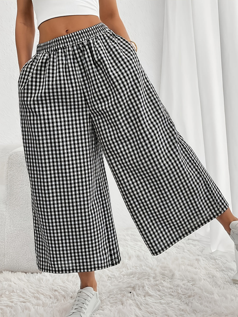 Women's Plaid Elastic Waist Wide-Leg Ankle Pants. Top Not Included - Mixed colors