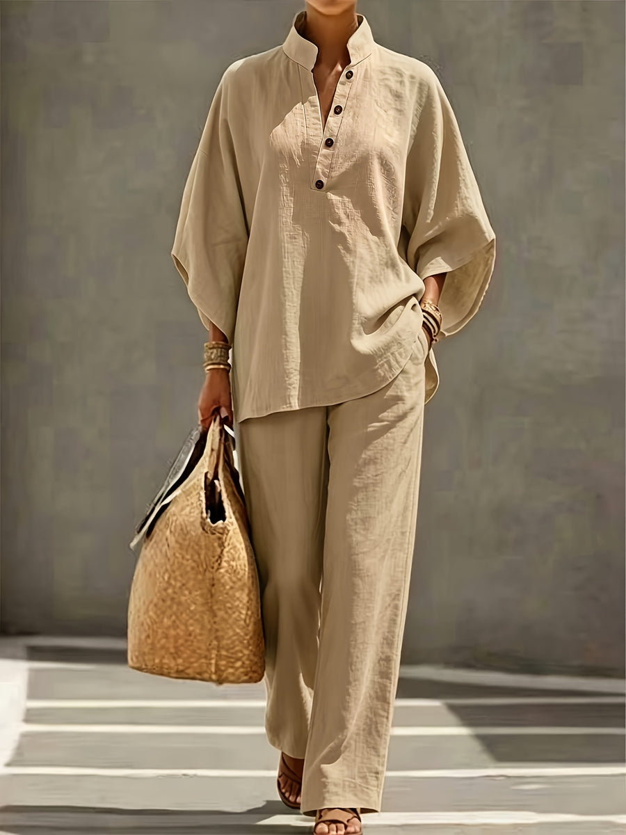 [PLMM] Spring Autumn Winter Women'S Fabric Button Short Collar Fashion Casual Two-Piece Long Pants Set - Khaki