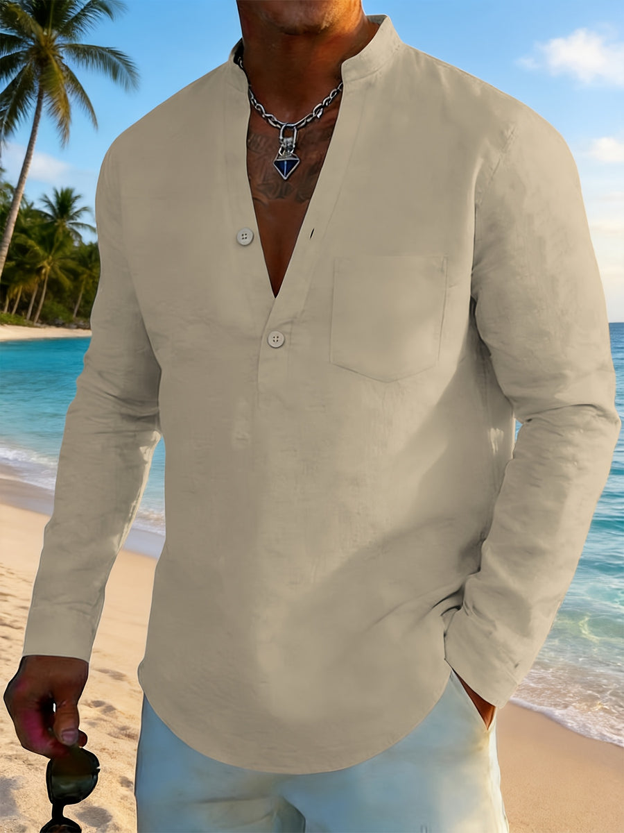 Men's Solid Color Henley Long Sleeve Shirt, Lightweight Breathable Casual Button Up Tops for Summer - Khaki