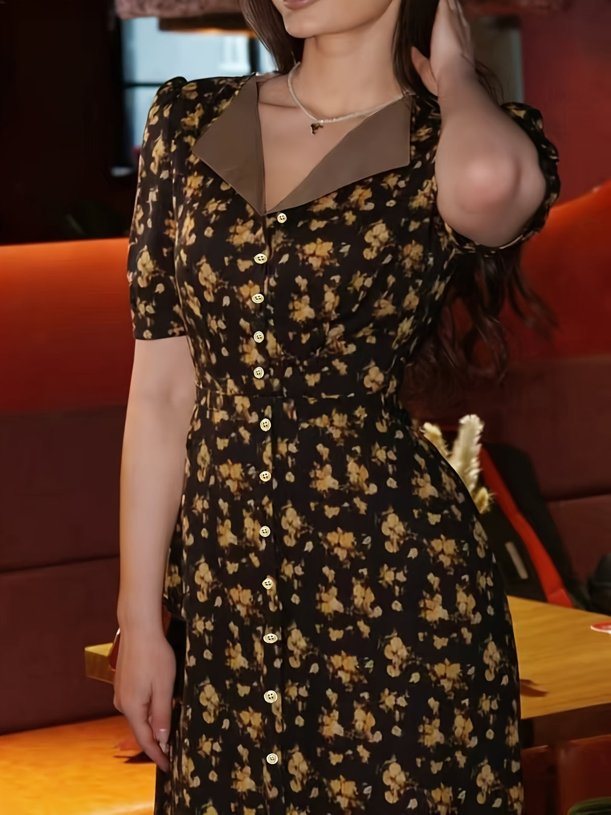 Women's French Vintage Lapel Collar Dress with Waist Cinch - Short Sleeve -Neck -Line Midi Dress, Blouse-Suitable for Daily Commuting, Short Bell Sleeves & Contrast Collar, Spring Summer Office to Casual Wear (Machine Washable) - Golden