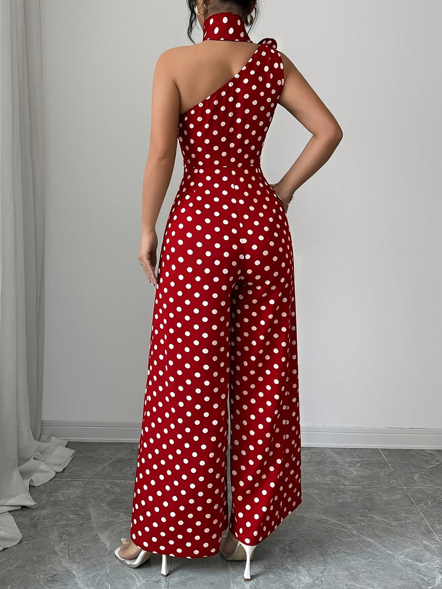 Women's Elegant Casual French-Style Polka Dot Asymmetrical Collar Rose Embellished Sleeveless Slim-Fit Jumpsuit, Spring/Summer Collection ZLLZ - Brick Red