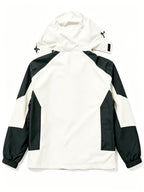 Men's Sport Hooded Jacket, Black Color-Block Windbreaker, Adult Printed Top with Detachable Hood - White