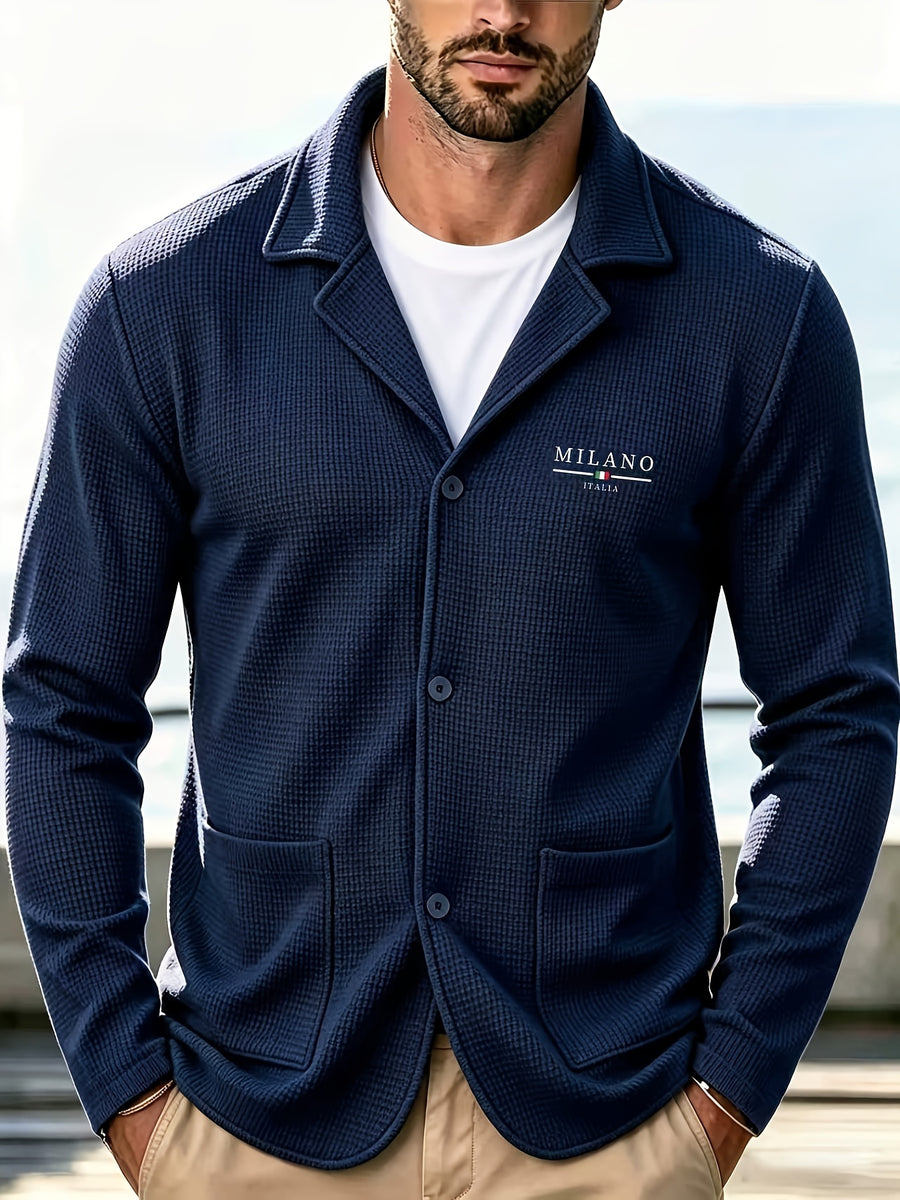 Men'S Spring Autumn New Waffle Check Blazer Collar Cardigan Single Button Double Pocket Business Casual All-Match Long Sleeve Jacket, Knit Soft Comfortable Fashion Solid Color Outerwear Suitable for Daily Outings, Dates, Holidays, And Travel - navy blue (upgraded model)