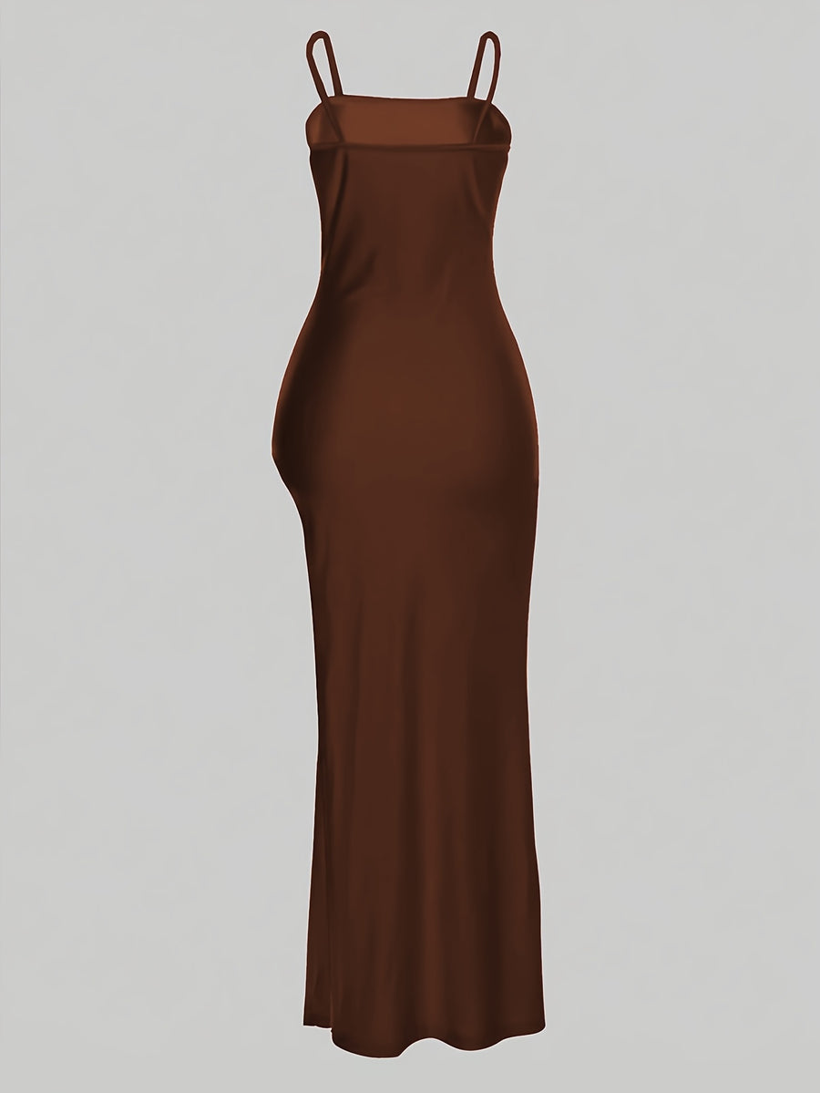 Women's Summer Solid Color Side Slit Hem Maxi Elegant Camisole Dress - Coffee Brown