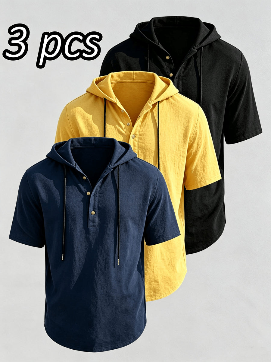 Men's 3pcs Hooded Henley Short-Sleeve Tops, Summer Lightweight Linen-Textured Half-Button Hoodie with Drawstring, Loose Fit Casual Solid Color Pullover - Yellow+Navy Blue+Black