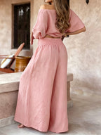 Women'S 2pcs Ultra-Loose Top And Wide-Leg Pants Set, Women'S Spring Summer Fall Flared Top And Long Pants Outfit - Pink Color