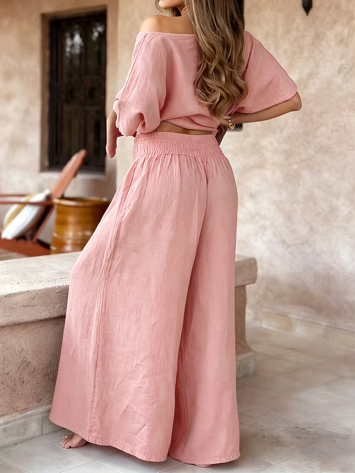 Women'S 2pcs Ultra-Loose Top And Wide-Leg Pants Set, Women'S Spring Summer Fall Flared Top And Long Pants Outfit - Pink Color